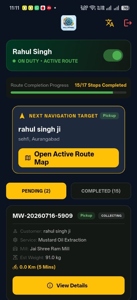 MillWheel Partner Rider App Screen