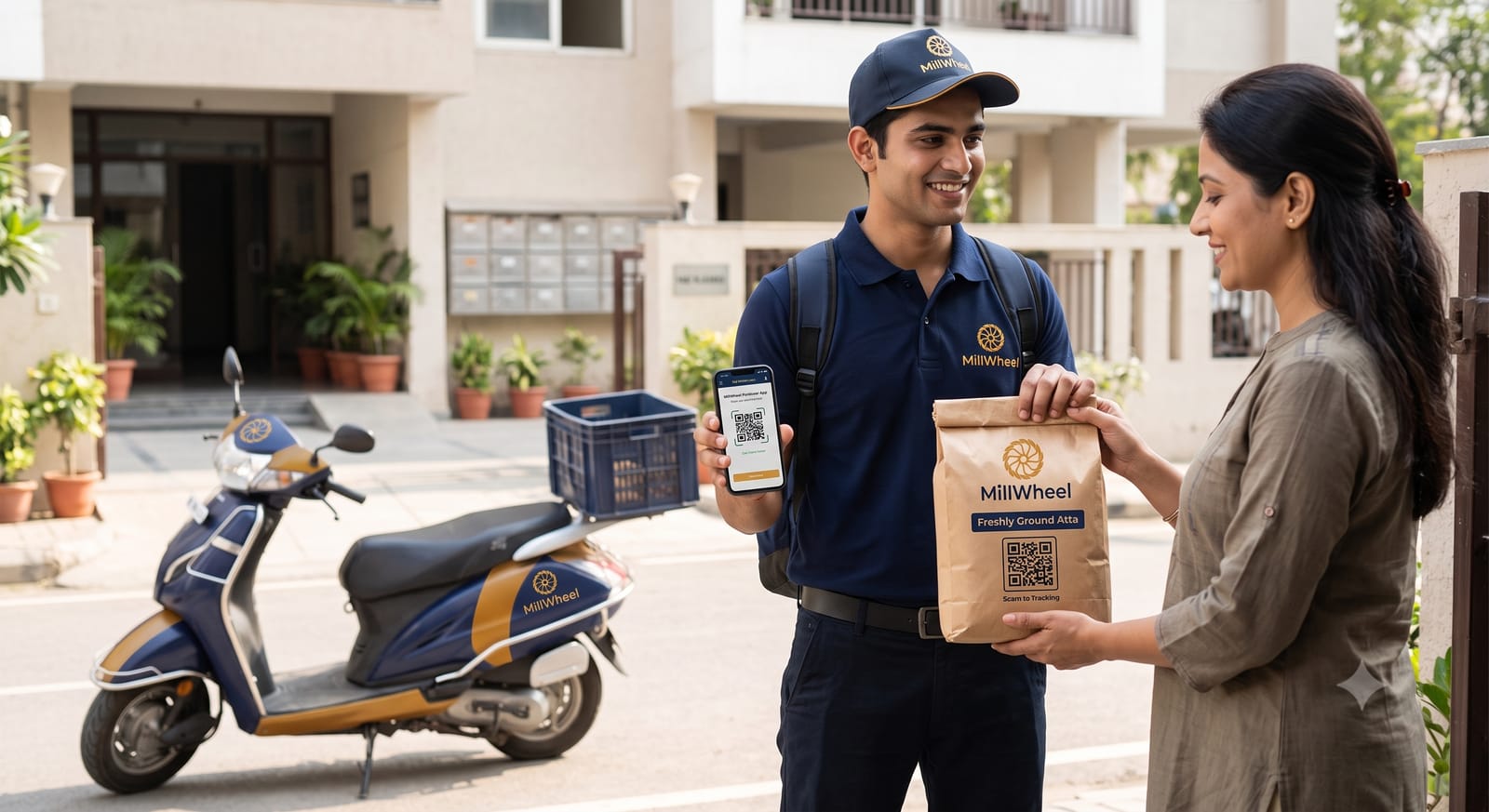 MillWheel Delivery Partner Handing Fresh Atta Bag to Customer